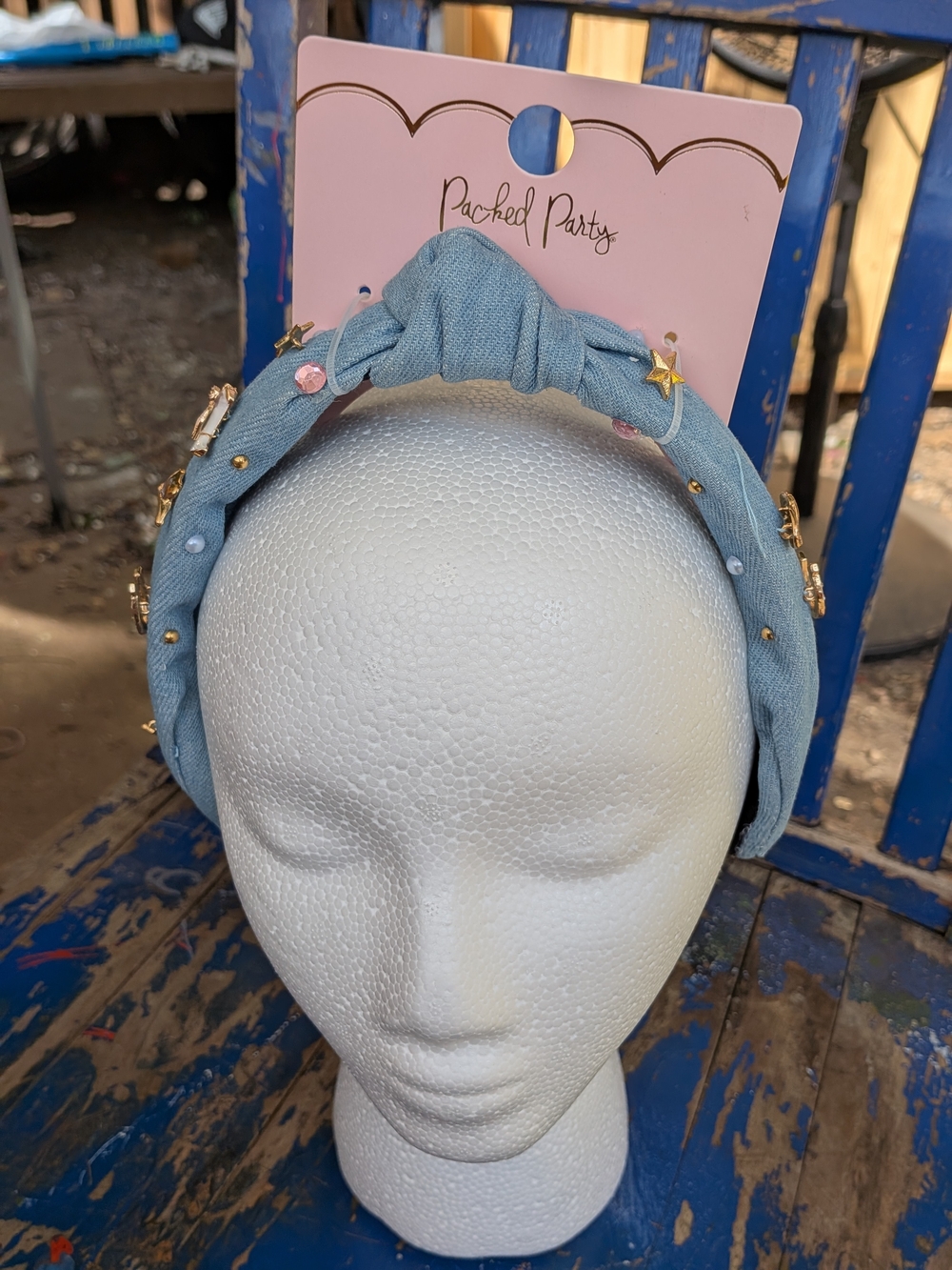 Packed Party Sky Blue Knotted Headband with Gold Star & Gem Accents